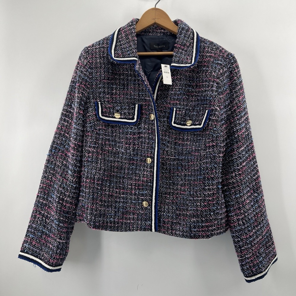 Talbots Tweed Jacket Womens 14 Navy Pink Boucle Gold Button Rich Girl Preppy